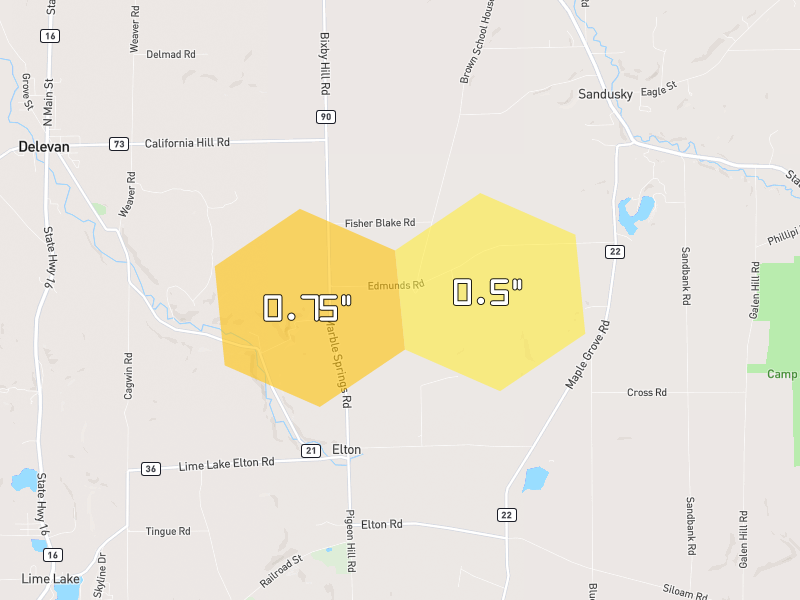 Hail map of Delevan, NY on Jul 28, 2026, hail up to 0.75"