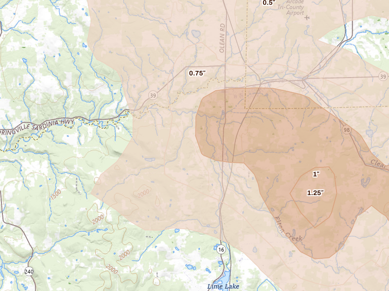 Radar-estimated hail-size map of the storm over Delevan, NY on Sep 2, 2026