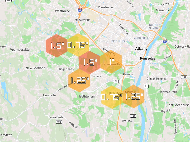Hail map of Delmar, NY on Jul 2, 2026, hail up to 1.5"