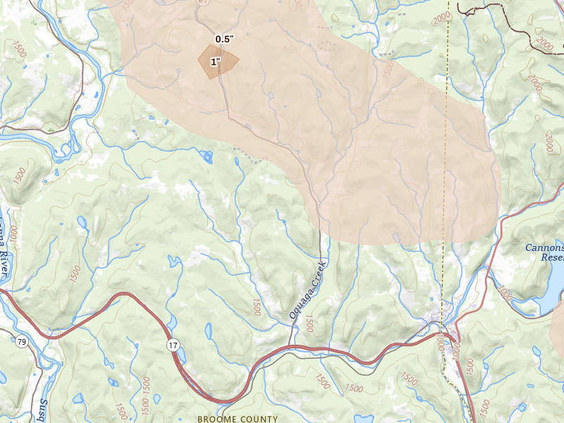 Radar-estimated hail-size map of the storm over Deposit, NY on Jul 18, 2026