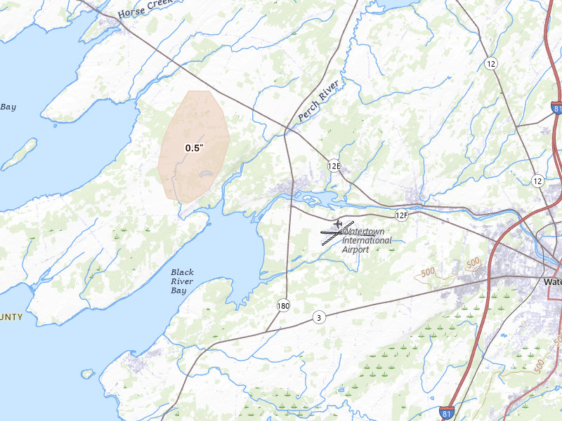 Radar-estimated hail-size map of the storm over Dexter, NY on Jun 30, 2026