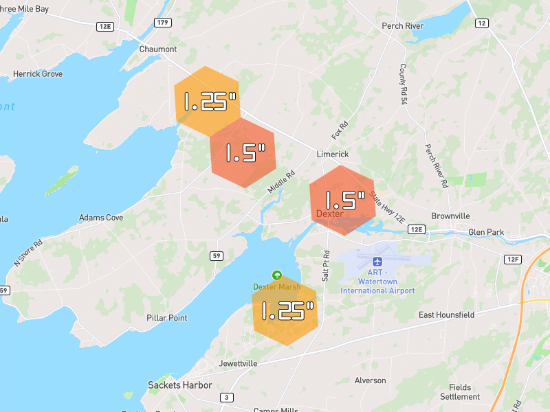 Hail map of Dexter, NY on Jun 30, 2026, hail up to 1.5"