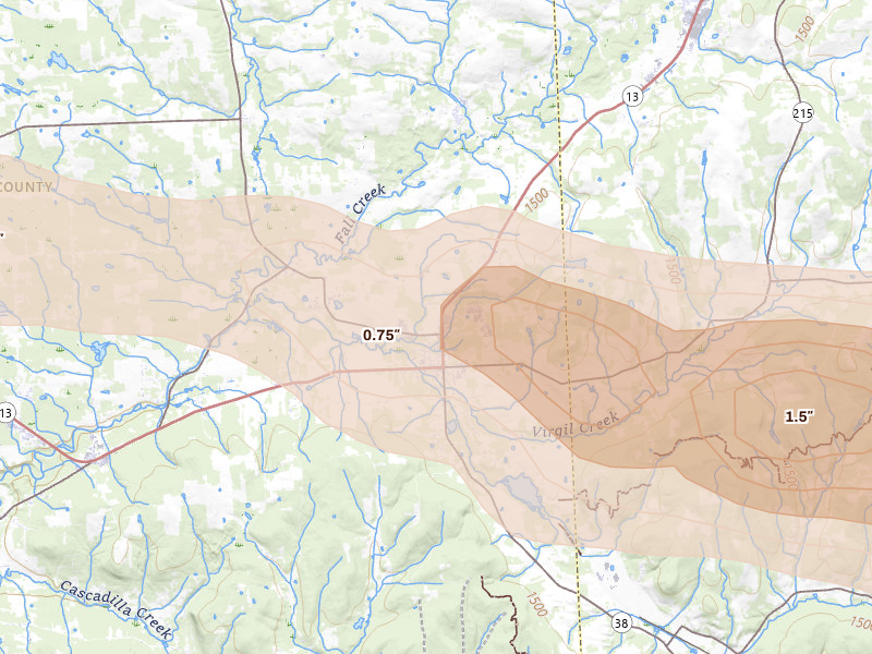 Radar-estimated hail-size map of the storm over Dryden, NY on Jul 18, 2026