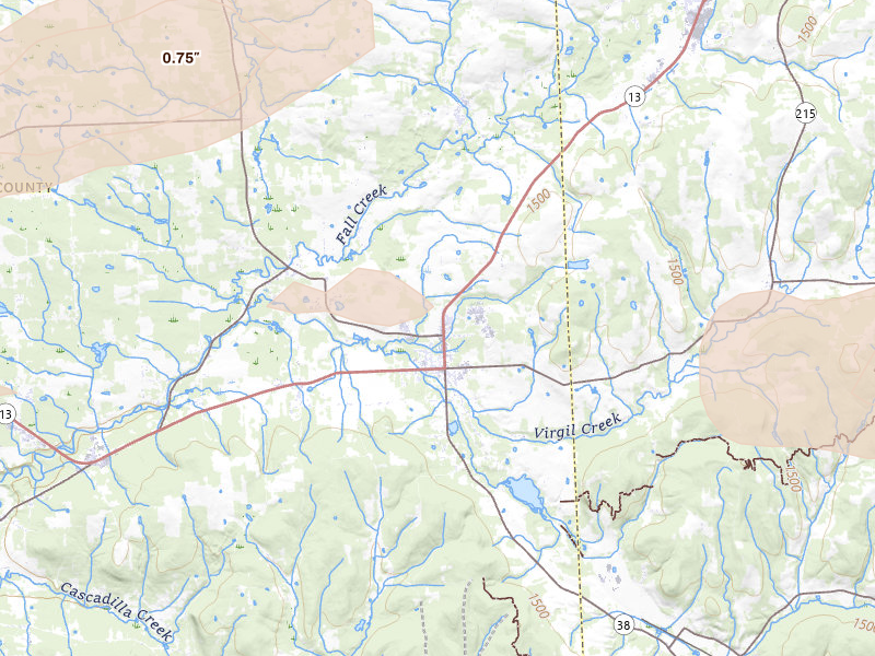 Radar-estimated hail-size map of the storm over Dryden, NY on Aug 27, 2026