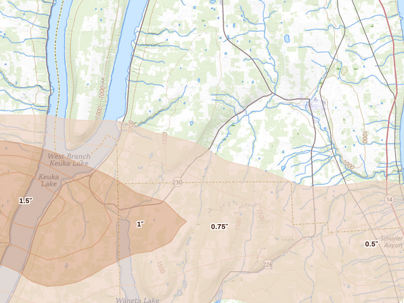 Radar-estimated hail-size map of the storm over Dundee, NY on Mar 31, 2026