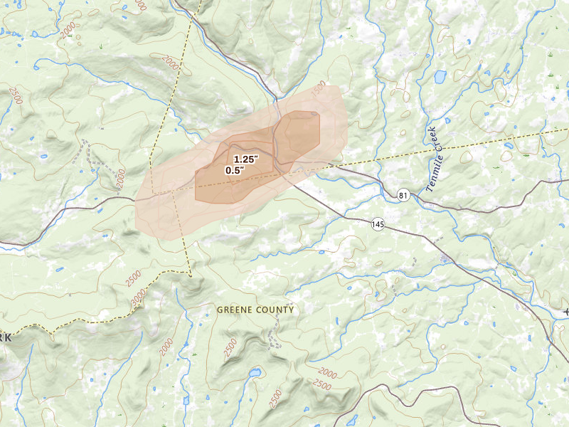 Radar-estimated hail-size map of the storm over Durham, NY