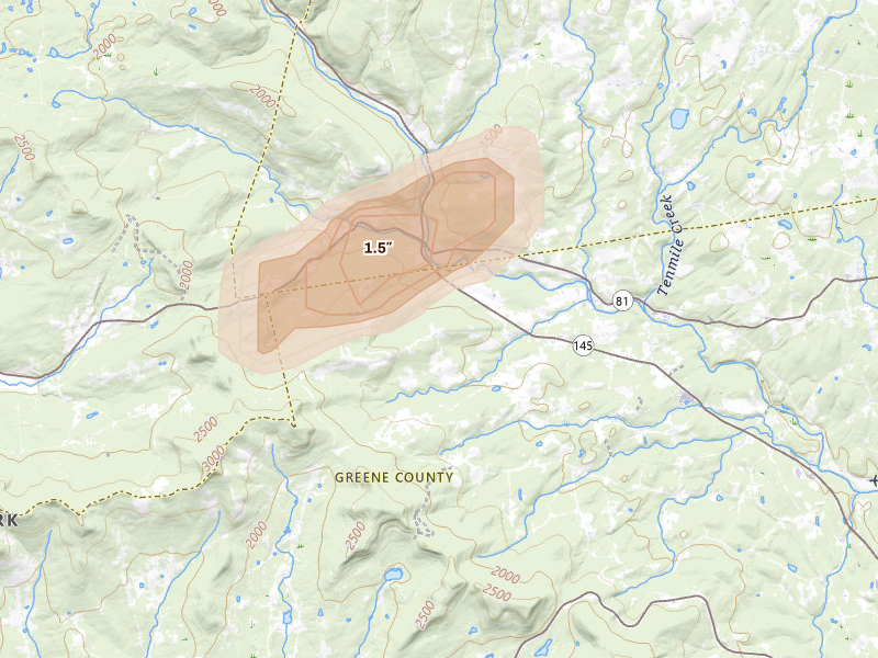 Radar-estimated hail-size map of the storm over Durham, NY on Jun 9, 2026