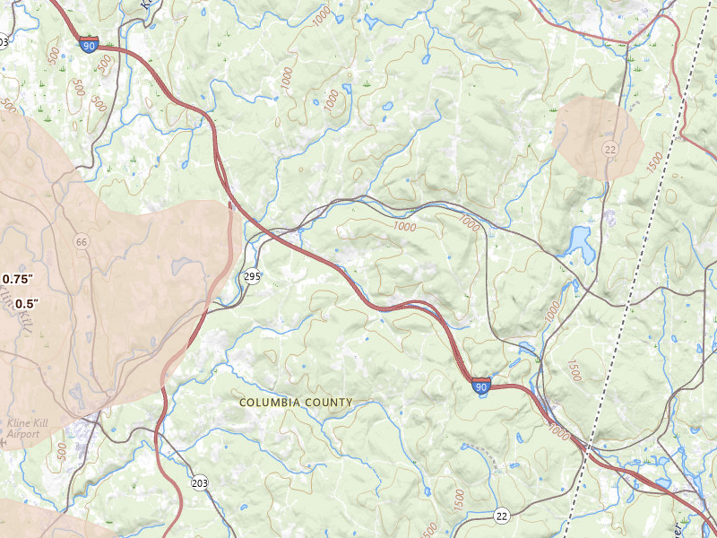 Radar-estimated hail-size map of the storm over East Chatham, NY on Jul 2, 2026