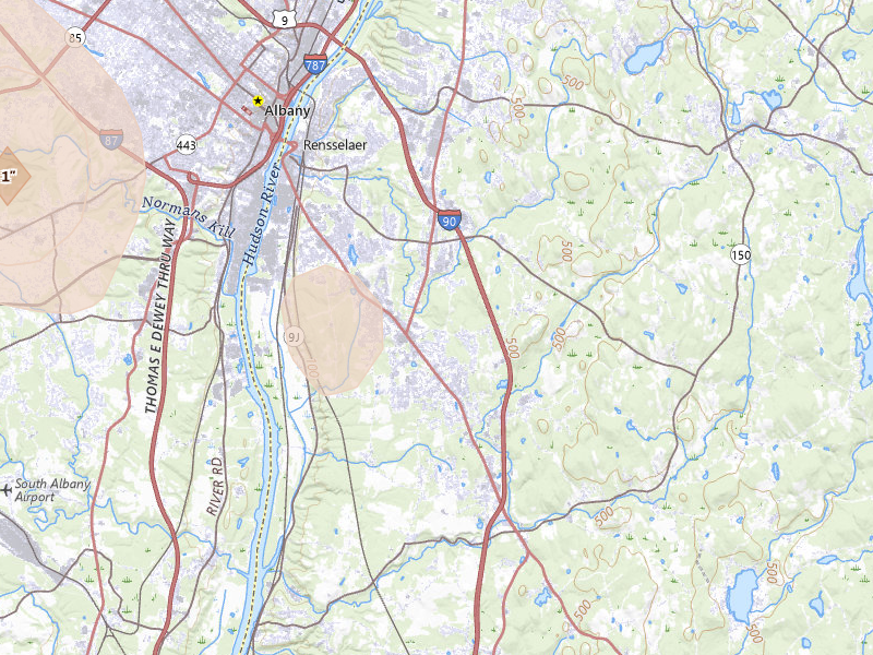 Radar-estimated hail-size map of the storm over East Greenbush, NY on Jul 1, 2026
