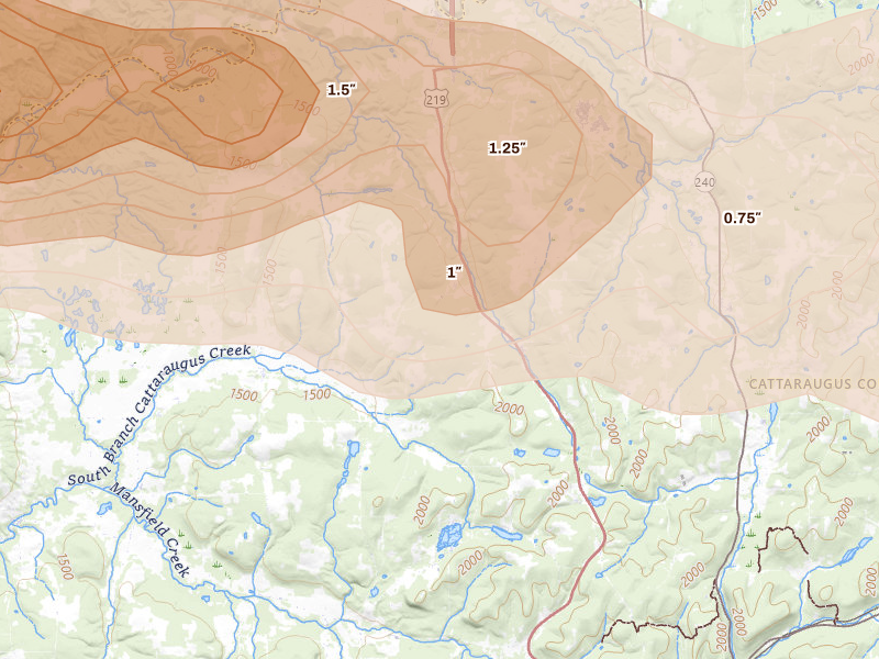 Radar-estimated hail-size map of the storm over East Otto, NY on Mar 31, 2026