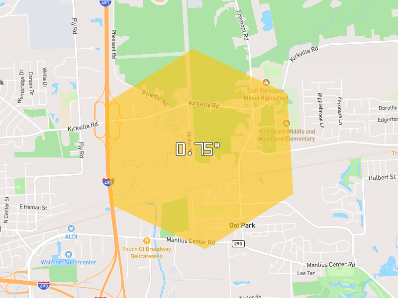 Hail map of East Syracuse, NY on Jul 26, 2026, hail up to 0.75"