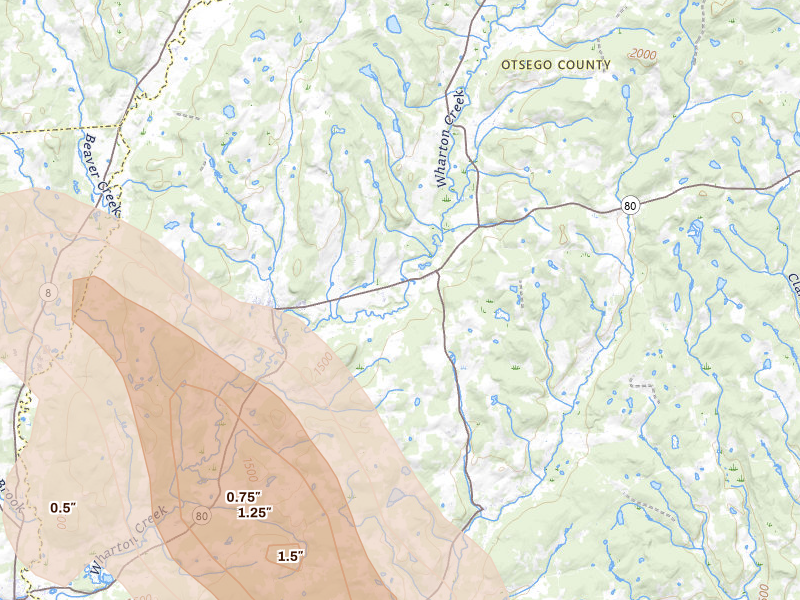 Radar-estimated hail-size map of the storm over Edmeston, NY on Jun 30, 2026