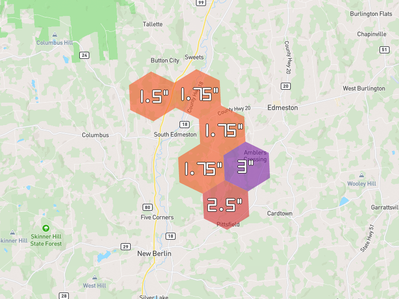 Hail map of Edmeston, NY on Jun 30, 2026, hail up to 3"