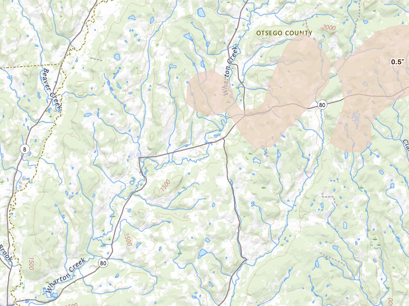 Radar-estimated hail-size map of the storm over Edmeston, NY on Jul 1, 2026