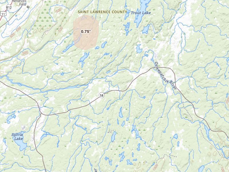 Radar-estimated hail-size map of the storm over Edwards, NY on Feb 28, 2026