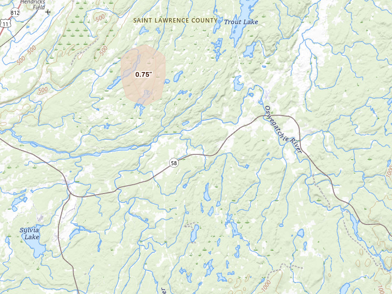 Radar-estimated hail-size map of the storm over Edwards, NY on Jun 20, 2026