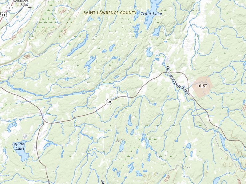Radar-estimated hail-size map of the storm over Edwards, NY on Jul 1, 2026