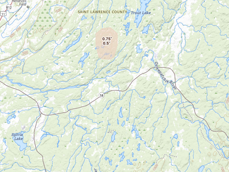 Radar-estimated hail-size map of the storm over Edwards, NY on Jul 5, 2026