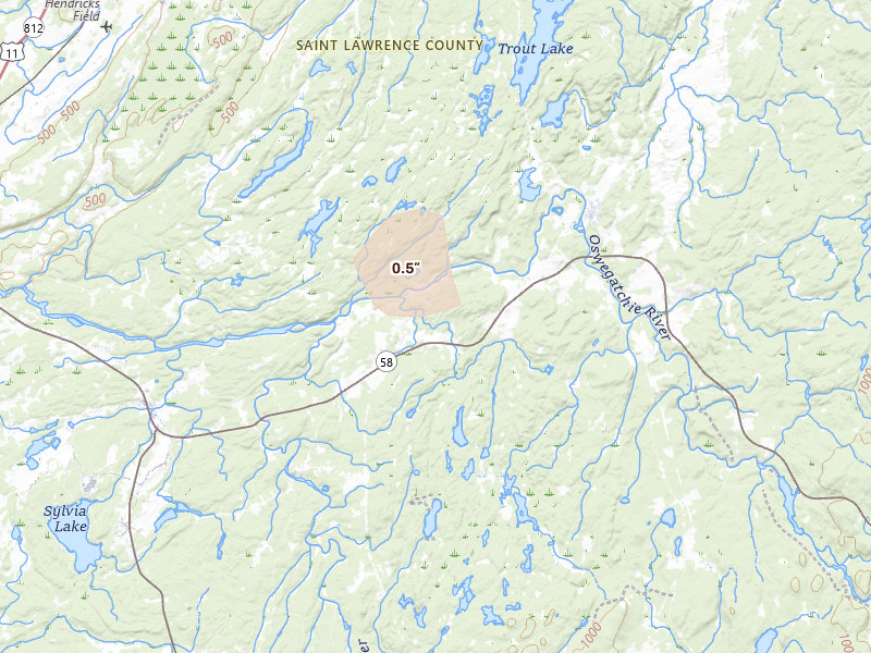 Radar-estimated hail-size map of the storm over Edwards, NY on Jul 27, 2026