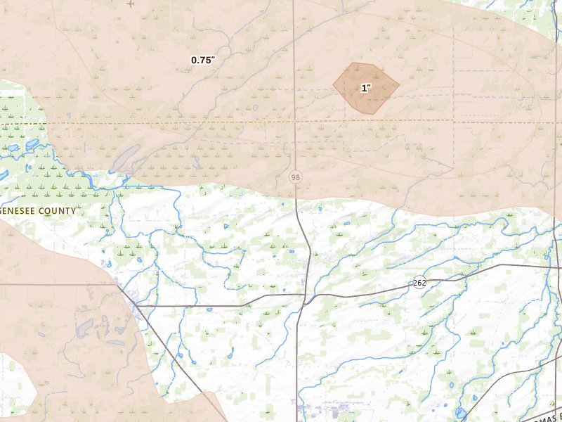 Radar-estimated hail-size map of the storm over Elba, NY on Sep 2, 2026