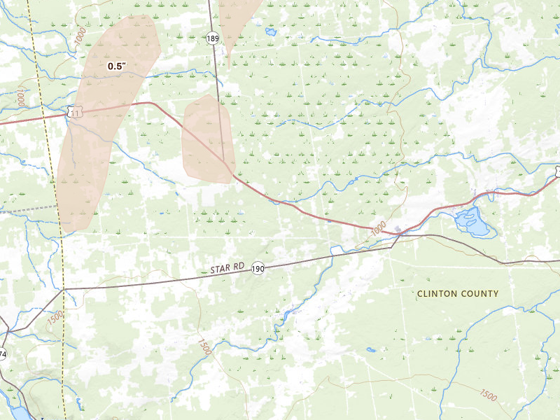 Radar-estimated hail-size map of the storm over Ellenburg Center, NY on Jun 15, 2026