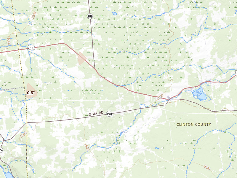 Radar-estimated hail-size map of the storm over Ellenburg Center, NY on Jun 16, 2026