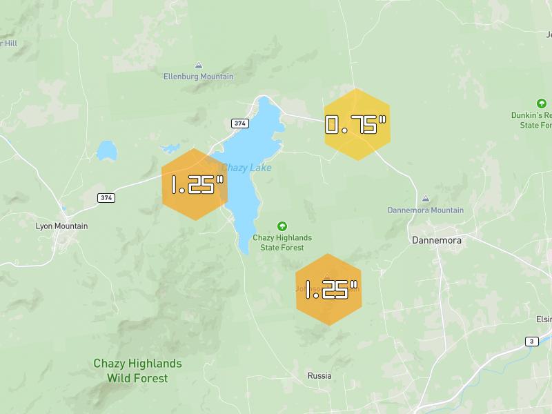 Hail map of Ellenburg Depot, NY on Jul 2, 2026, hail up to 1.25"