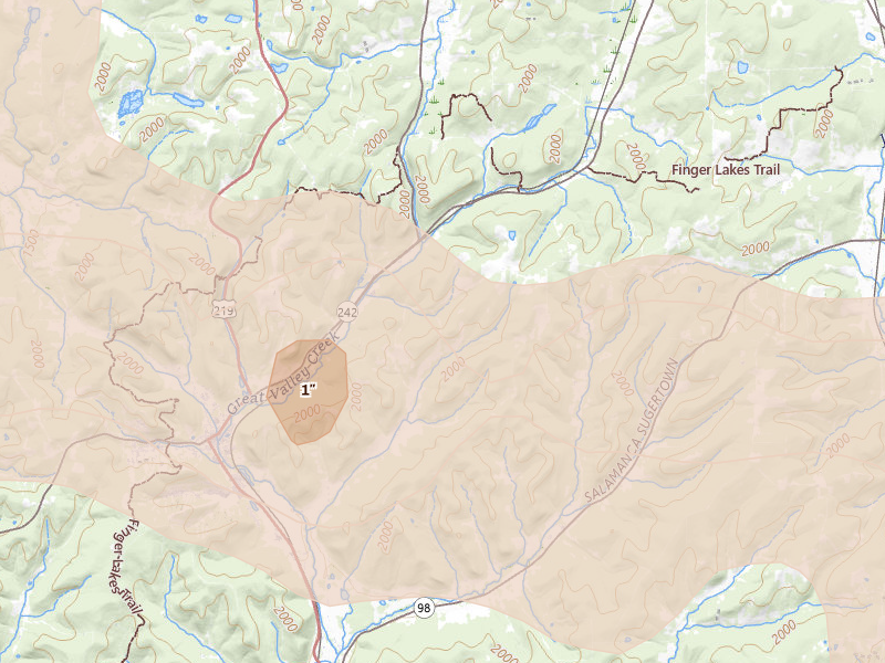 Radar-estimated hail-size map of the storm over Ellicottville, NY on Sep 2, 2026