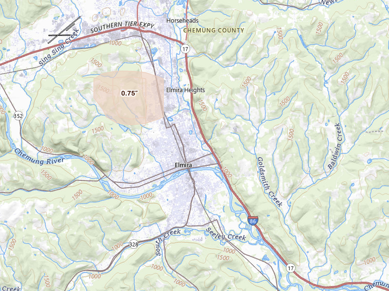Radar-estimated hail-size map of the storm over Elmira, NY