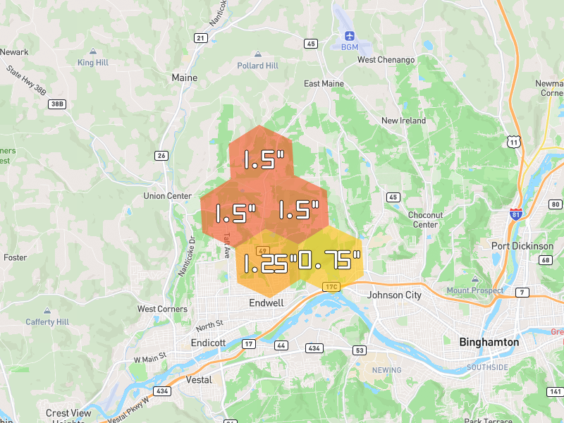 Hail map of Endicott, NY on Jun 30, 2026, hail up to 1.5"
