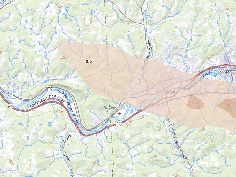 Radar-estimated hail-size map of the storm over Endicott, NY on Aug 12, 2026