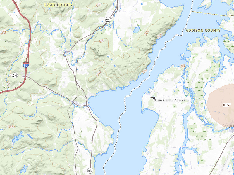 Radar-estimated hail-size map of the storm over Essex, NY on Jul 1, 2026