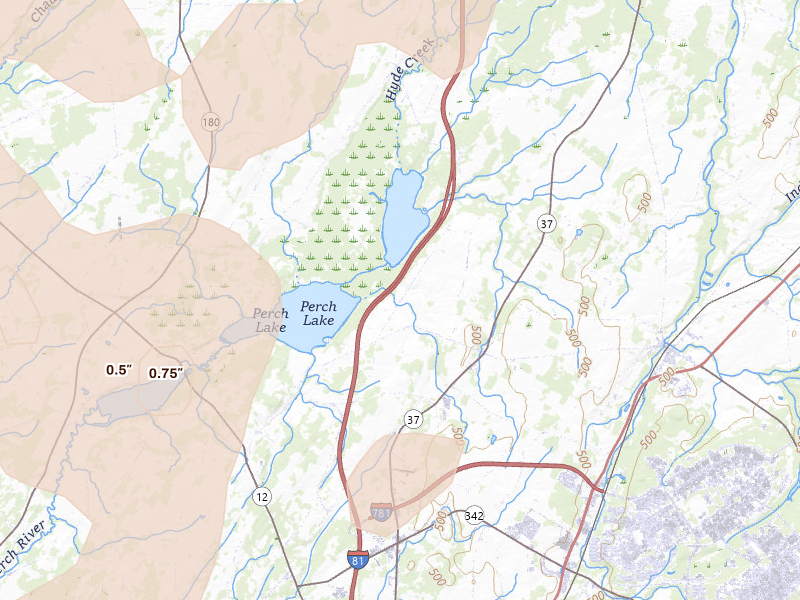 Radar-estimated hail-size map of the storm over Evans Mills, NY on Jul 1, 2026