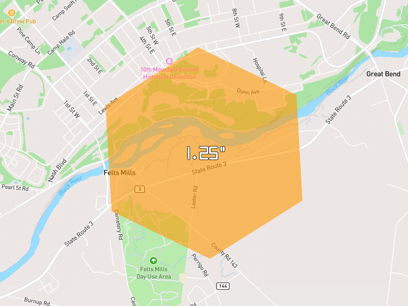 Hail map of Felts Mills, NY on Jul 21, 2026, hail up to 1.25"
