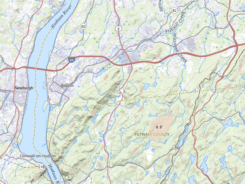 Radar-estimated hail-size map of the storm over Fishkill, NY on Aug 7, 2026
