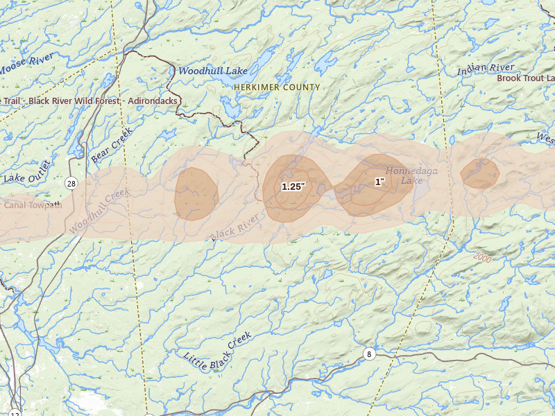 Radar-estimated hail-size map of the storm over Forestport, NY on Apr 16, 2026