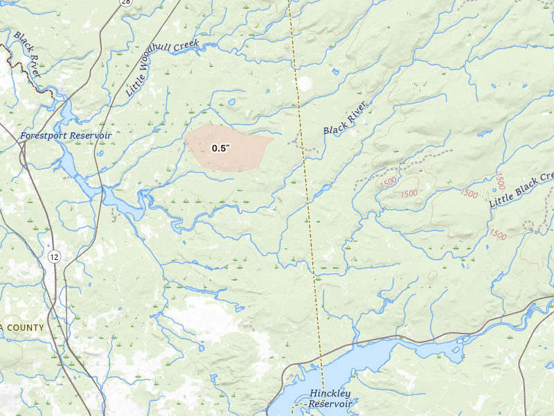 Radar-estimated hail-size map of the storm over Forestport, NY on Aug 8, 2026