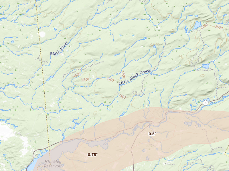 Radar-estimated hail-size map of the storm over Forestport, NY on Aug 27, 2026