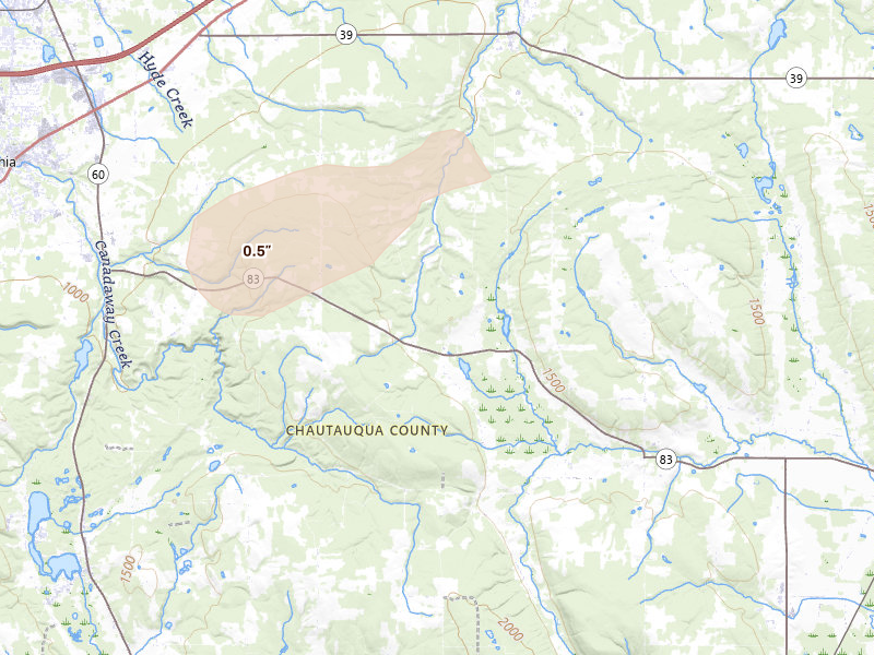 Radar-estimated hail-size map of the storm over Forestville, NY on Jun 11, 2026