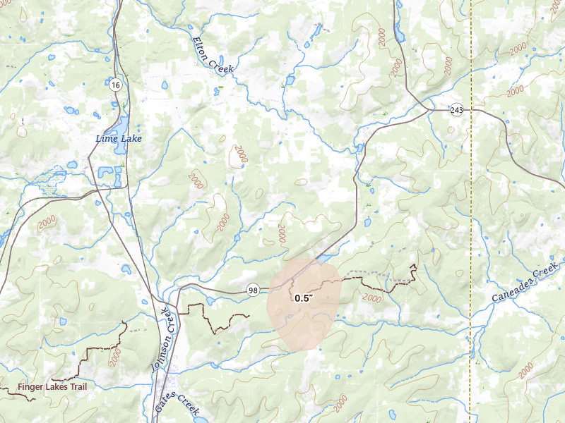 Radar-estimated hail-size map of the storm over Franklinville, NY on May 13, 2026