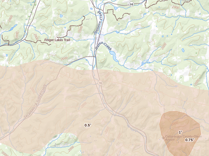 Radar-estimated hail-size map of the storm over Franklinville, NY on Sep 2, 2026