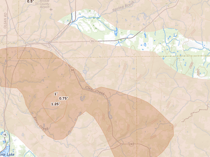 Radar-estimated hail-size map of the storm over Freedom, NY on Sep 2, 2026