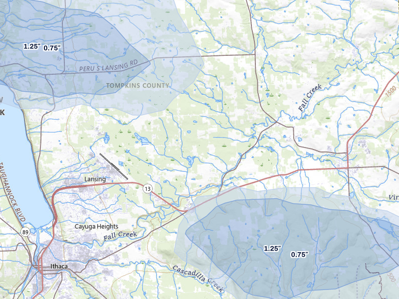 NEXRAD radar-signature map of the hail storm over Freeville, NY on Jul 1, 2026