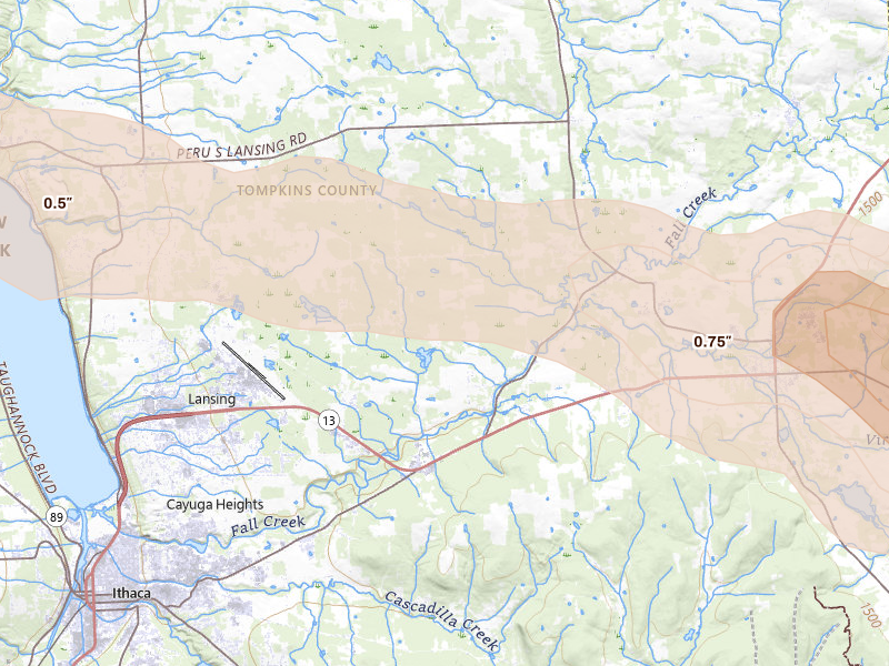 Radar-estimated hail-size map of the storm over Freeville, NY on Jul 18, 2026