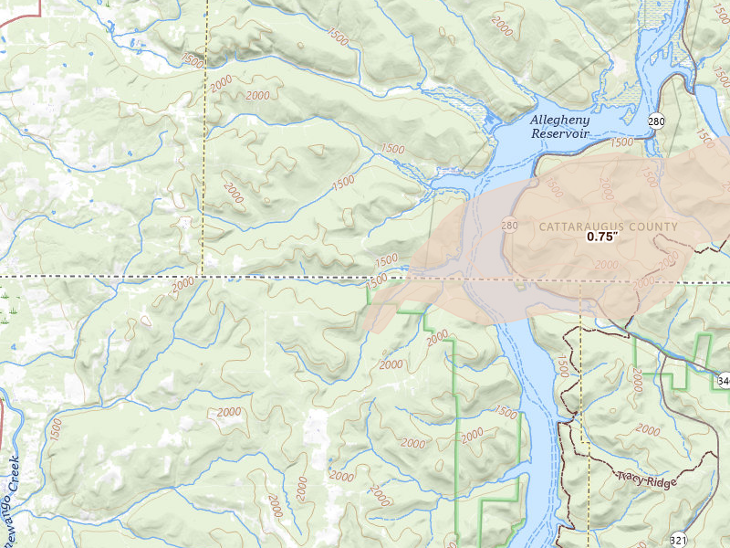 Radar-estimated hail-size map of the storm over Frewsburg, NY on Jul 27, 2026