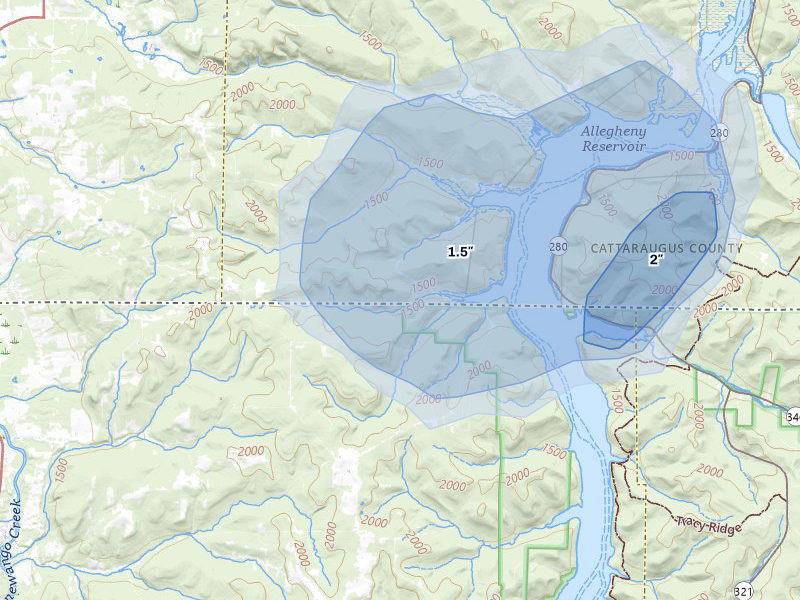 NEXRAD radar-signature map of the hail storm over Frewsburg, NY on Jul 27, 2026