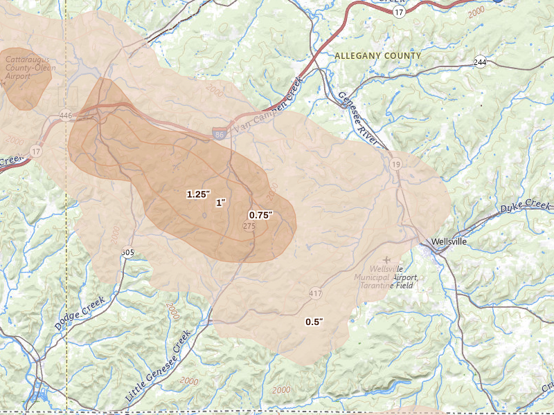 Radar-estimated hail-size map of the storm over Friendship, NY on Sep 2, 2026