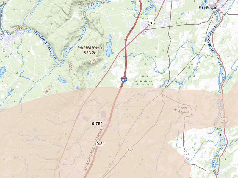 Radar-estimated hail-size map of the storm over Gansevoort, NY on Aug 27, 2026