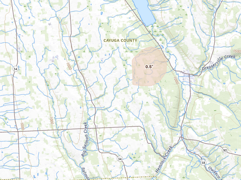 Radar-estimated hail-size map of the storm over Genoa, NY on Jul 3, 2026
