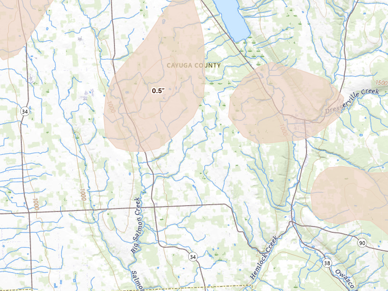 Radar-estimated hail-size map of the storm over Genoa, NY on Sep 2, 2026